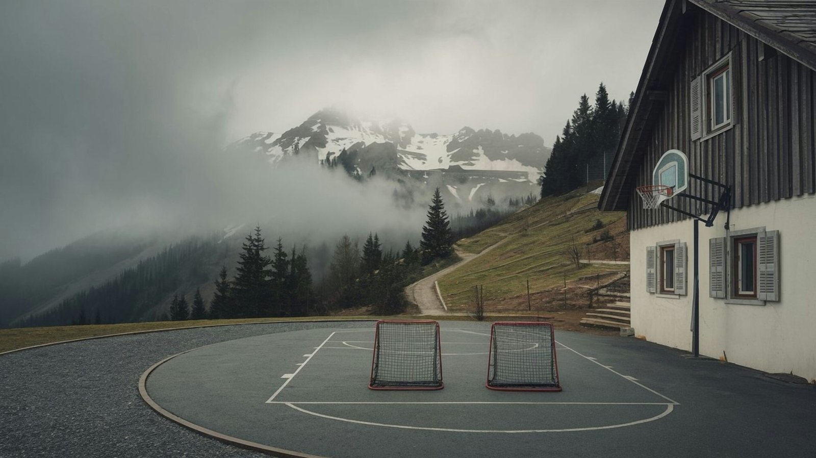 A basketball court in front of a building with mountains in the background